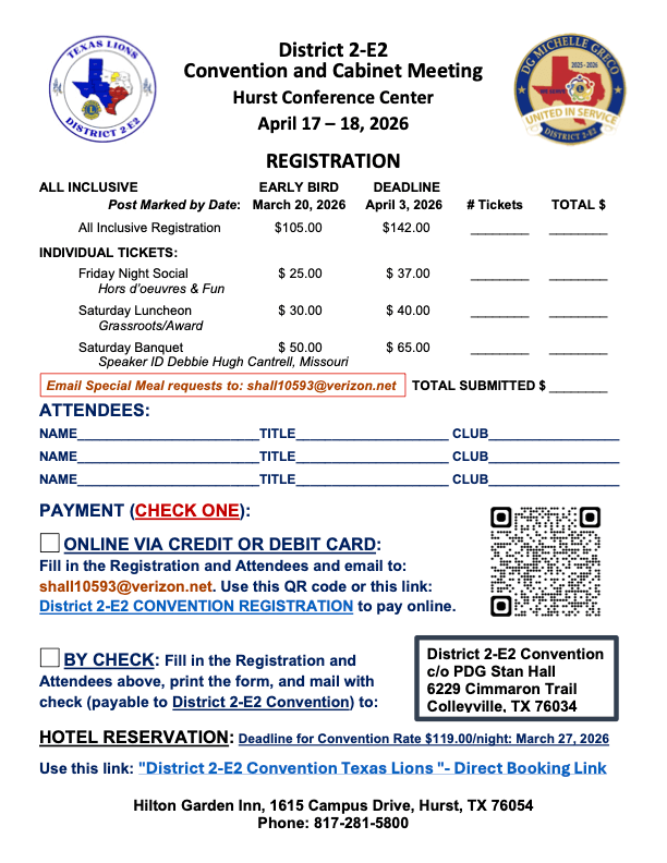 District 2-E2 Convention, Cabinet Meeting registration, early-bird pricing, April 17–18, 2026, Hurst Conference Center.
