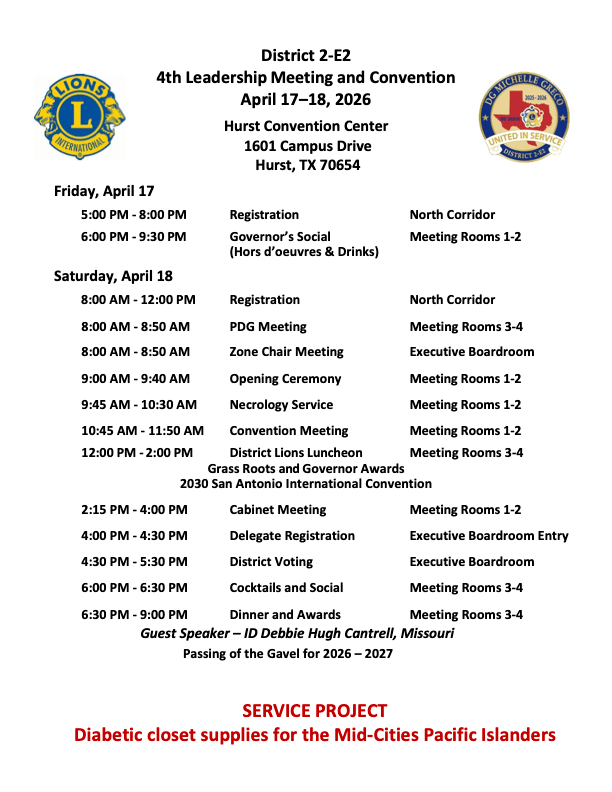 Lions District 2-E2 4th Leadership Meeting agenda, April 17–18, 2026, Hurst TX convention.