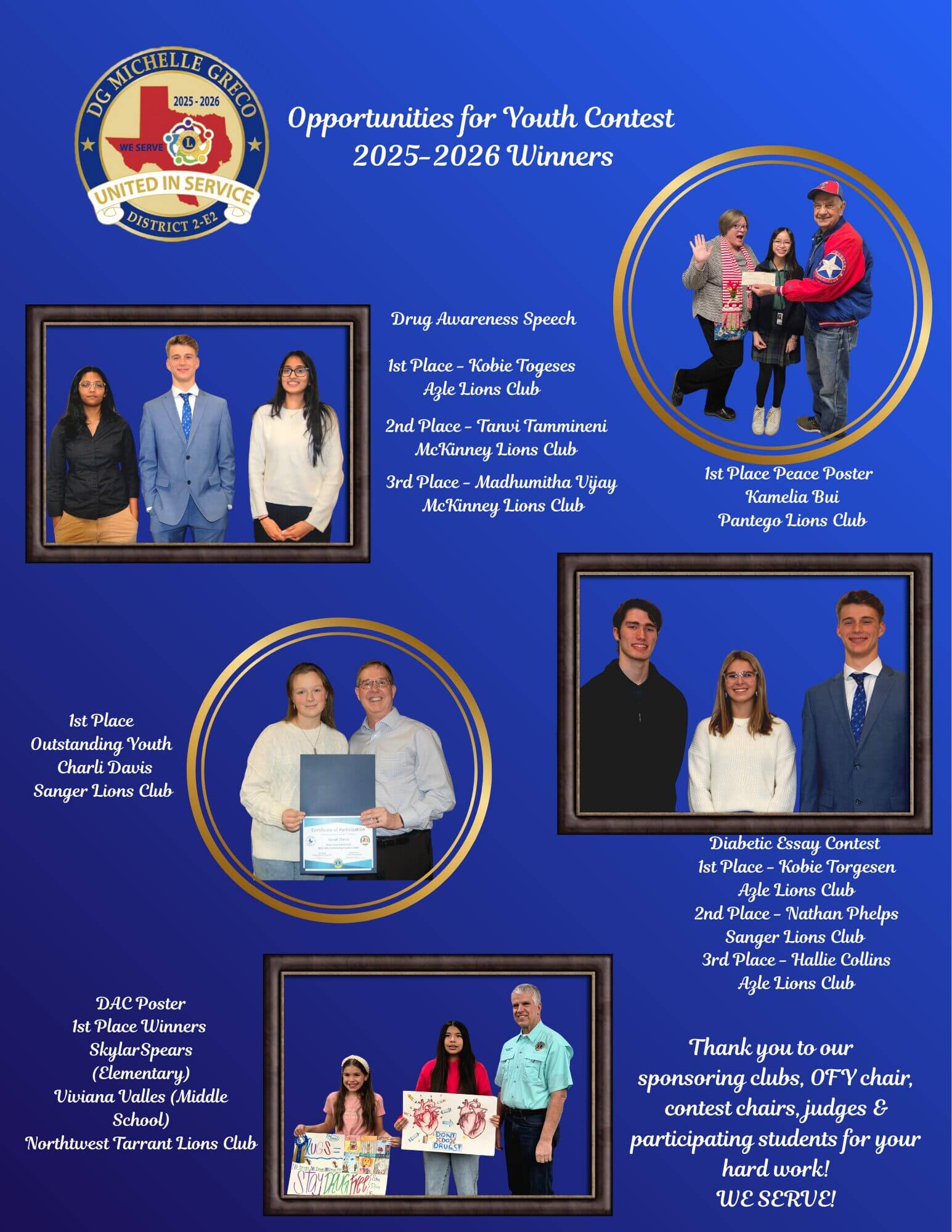 Lions Clubs youth contest winners 2025-2026 across Drug Awareness Speech, Diabetic Essay, DAC Poster.